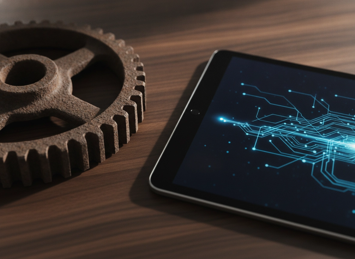 A gear and tablet showing digital circuits, representing technical seo optimization companies at work.