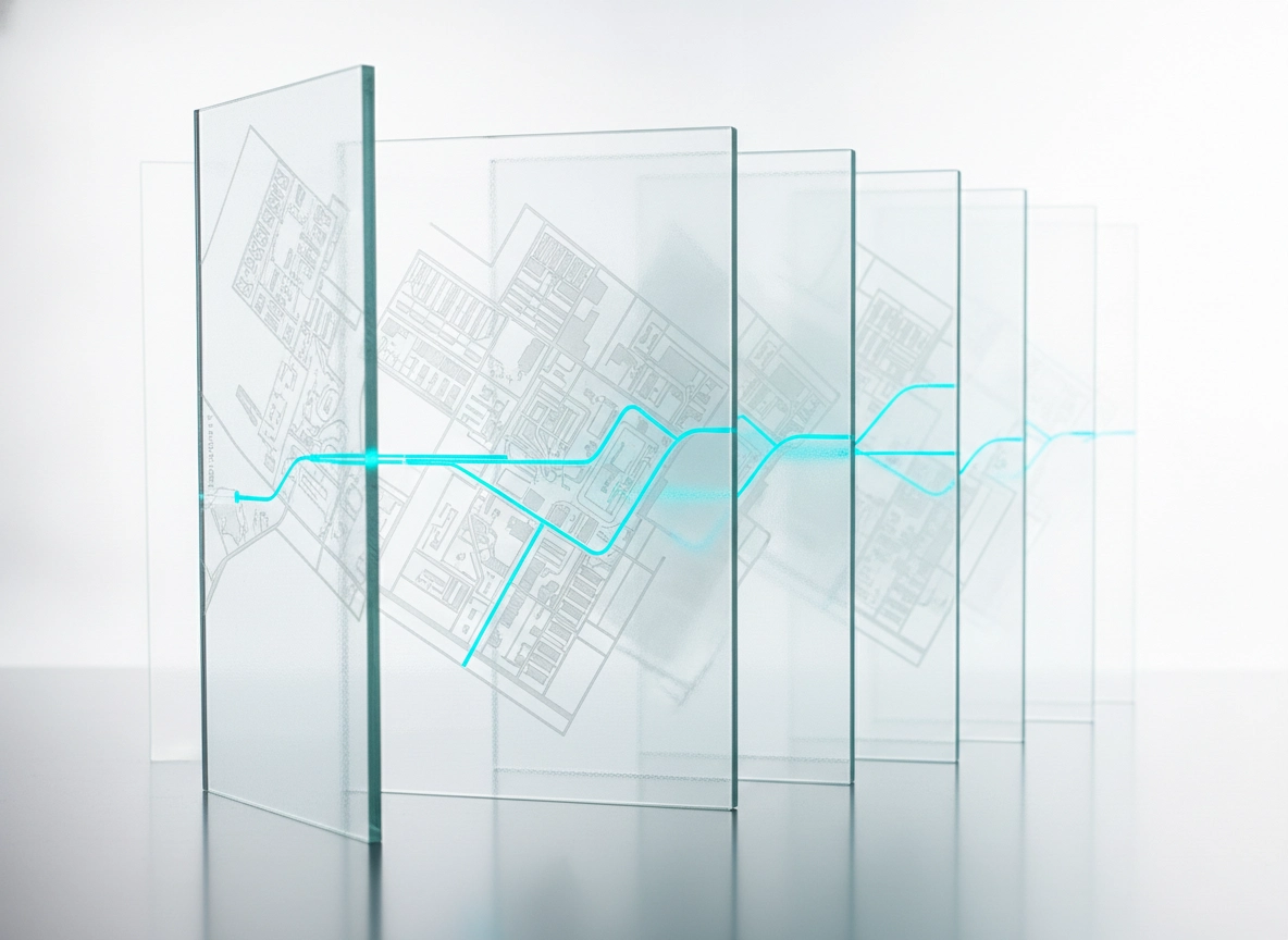 Layered glass panels with blueprints illustrating complex digital marketing management strategies.