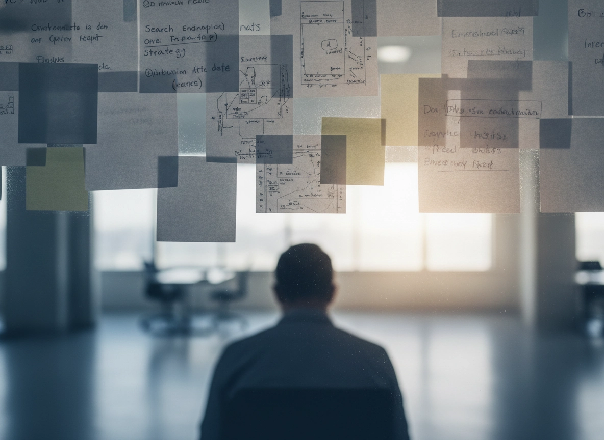 Person looking at sticky notes on glass, planning a digital marketing investment and search engine optimization.