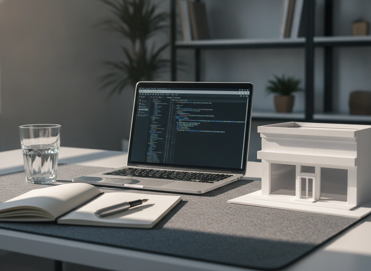 Laptop with code and a building model, illustrating professional Google My Business optimization.