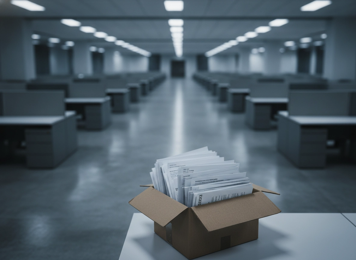 A box of documents in an empty office, representing the need for a custom search strategy from specialized SEO providers.