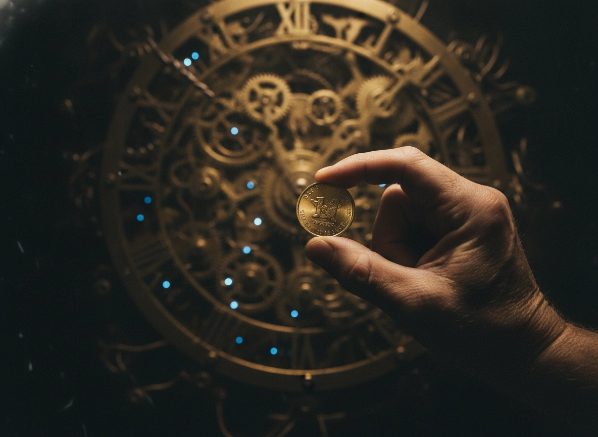 A hand holding a coin before a clock, symbolizing the trade-off between SEO optimization cost and time.