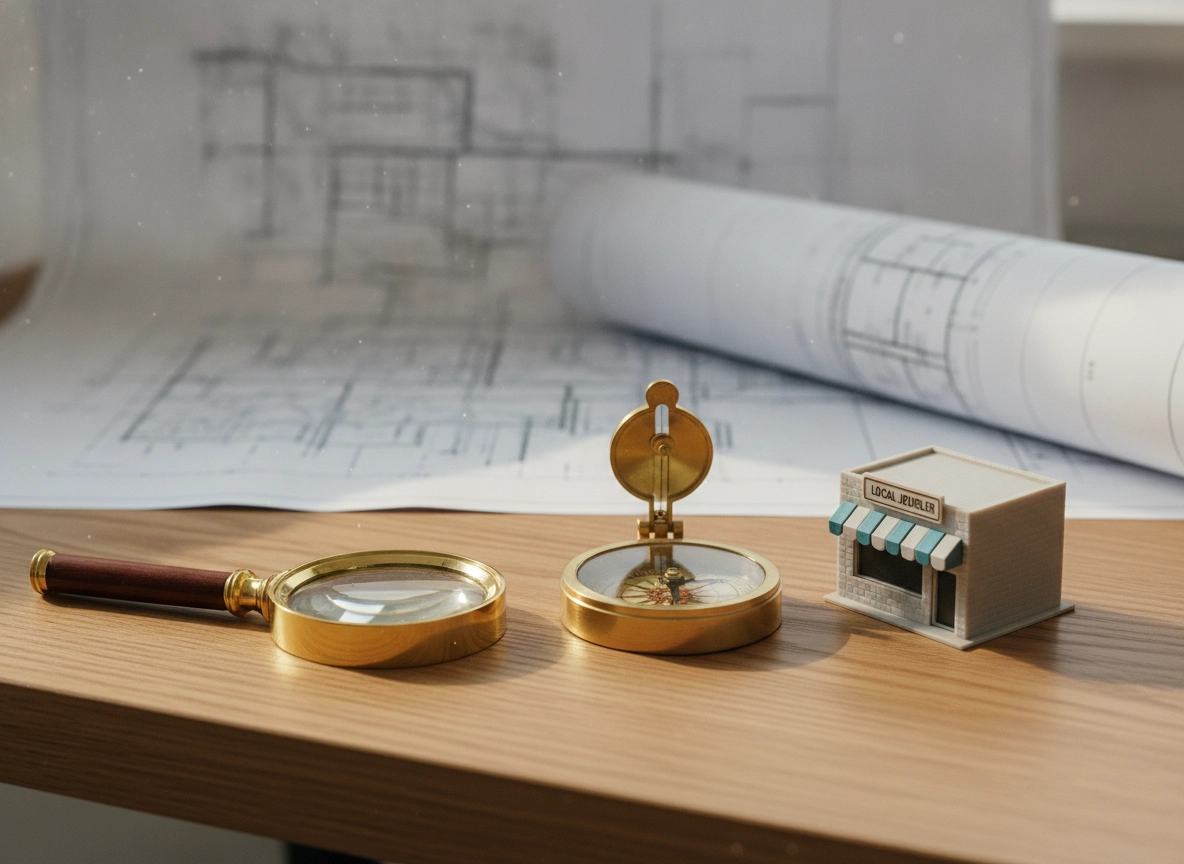 Magnifying glass, compass, and shop model for local business SEO budget planning.