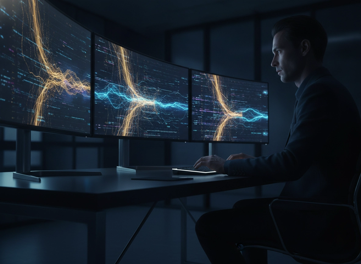 Professional analyzing data on screens for a search rankings strategy and digital marketing investment.