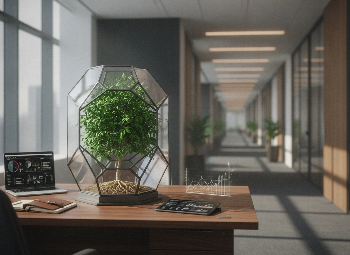 A small tree in a glass terrarium on a desk, representing organic traffic growth with a professional SEO agency.