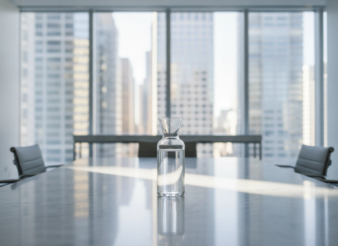 Glass carafe on a boardroom table, reflecting transparency in SEO billing and agency pricing models.