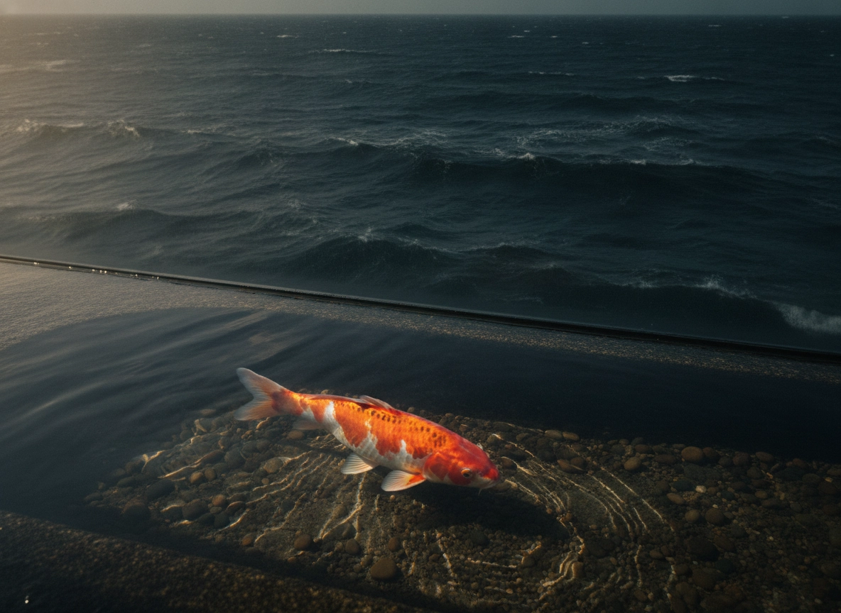 A koi fish in a calm pool against a stormy sea, representing niche search marketing growth.