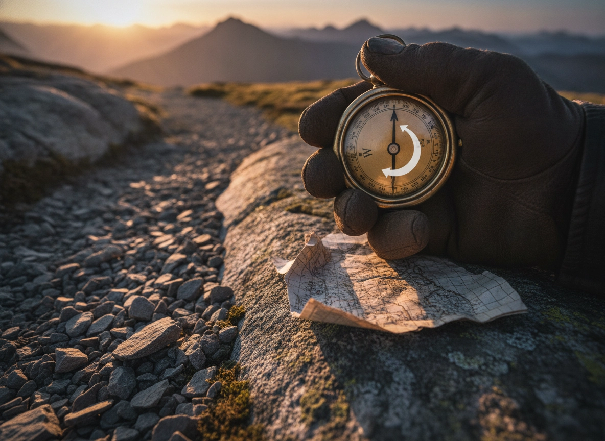 Hand holding a compass on a mountain trail, symbolizing a clear ranking growth strategy for businesses.