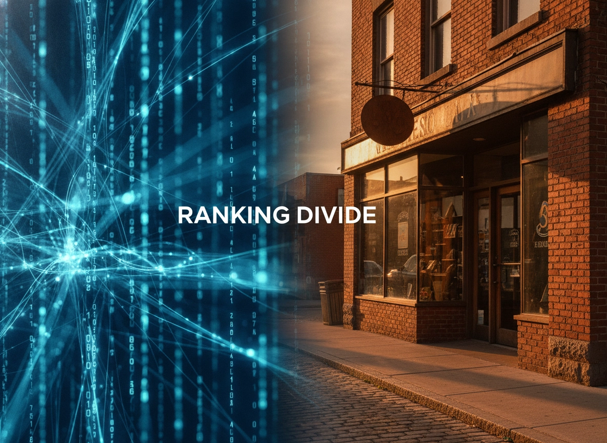 Digital data and a brick-and-mortar store illustrating improving local rankings for small business web presence.