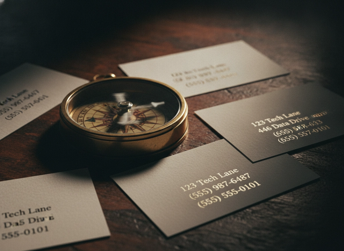 A compass on business cards to guide your local search visibility strategy.