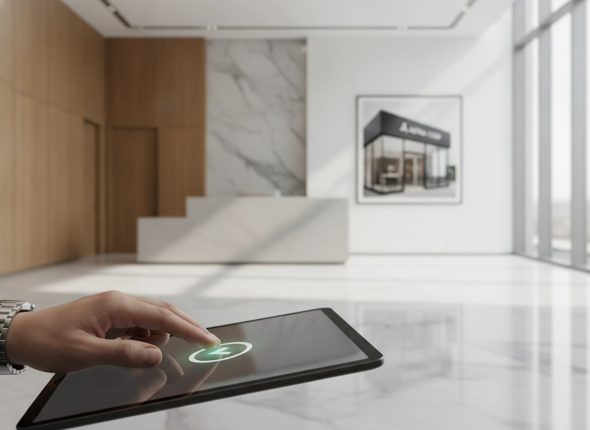 Hand using a tablet for Google My Business optimization in a modern office.