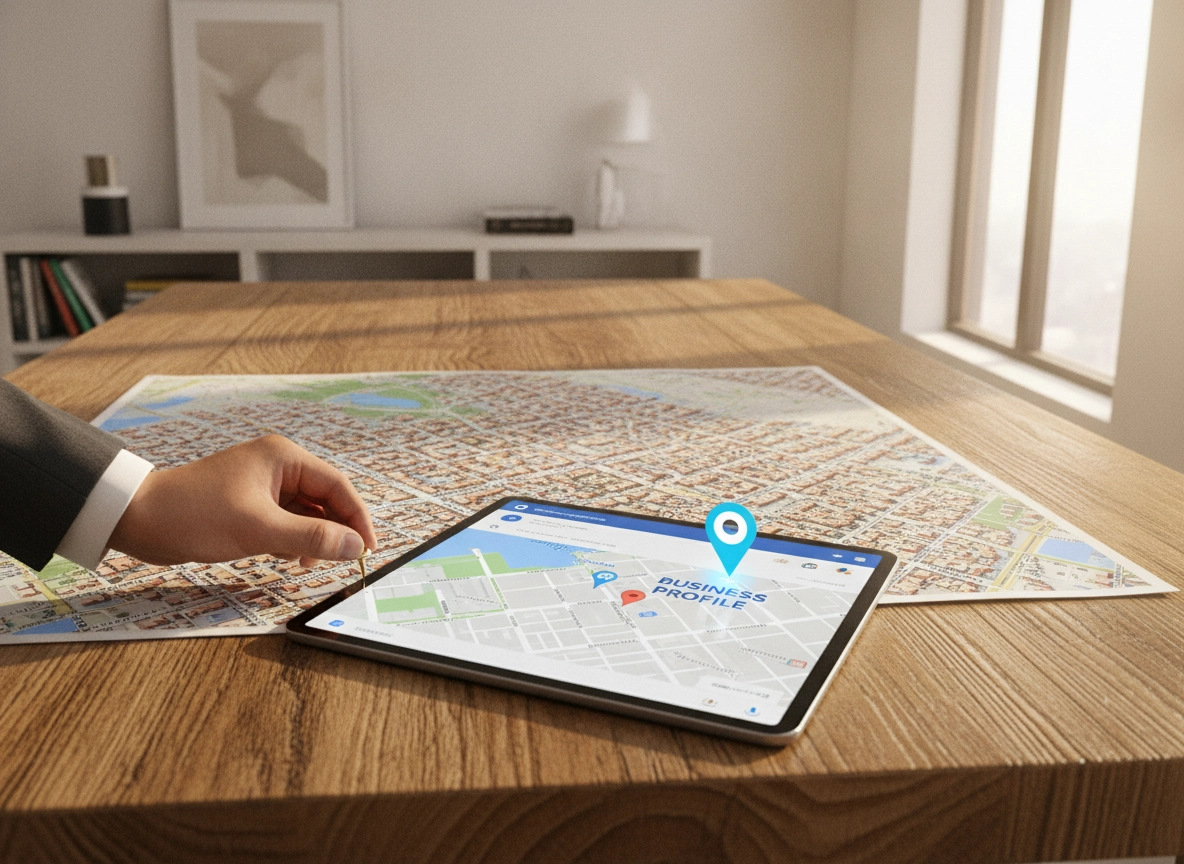 Tablet showing Google My Business optimization on a map to improve local search visibility.