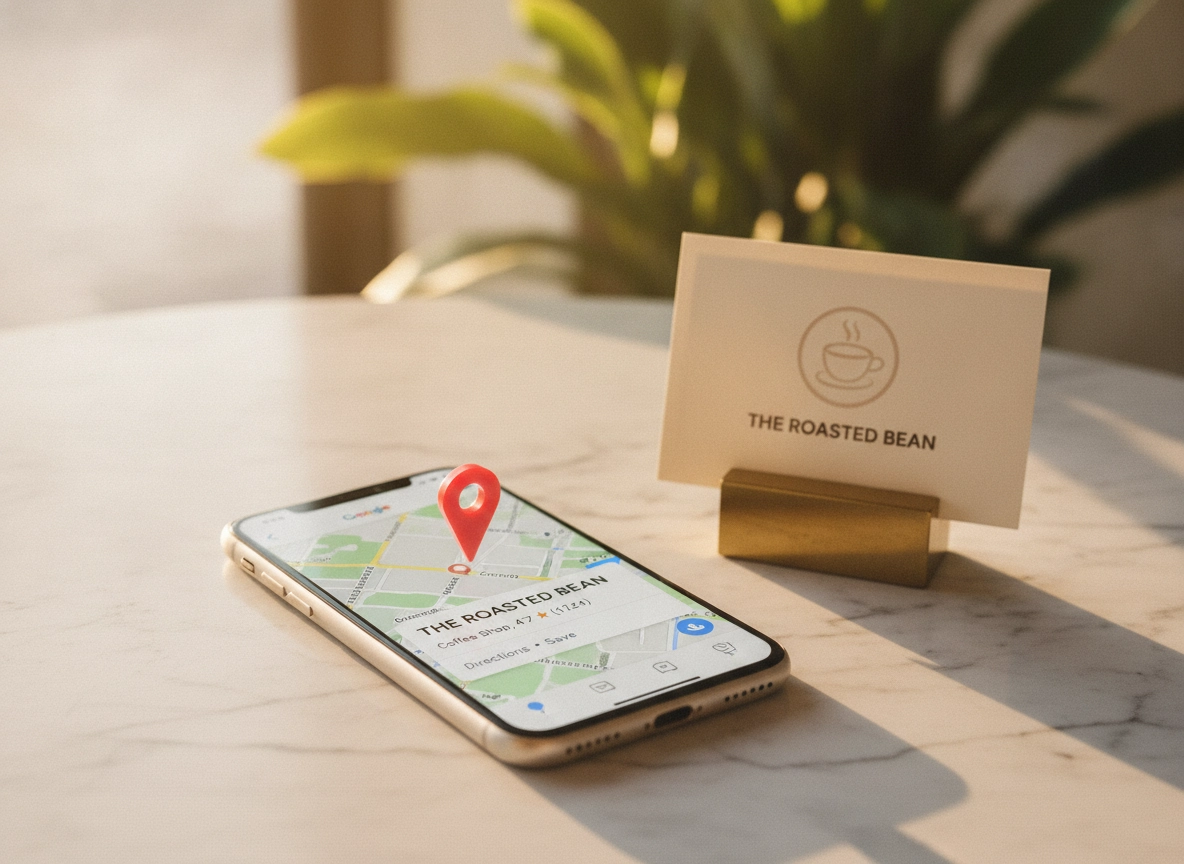 Google My Business optimization on a smartphone to boost local search visibility for a coffee shop.