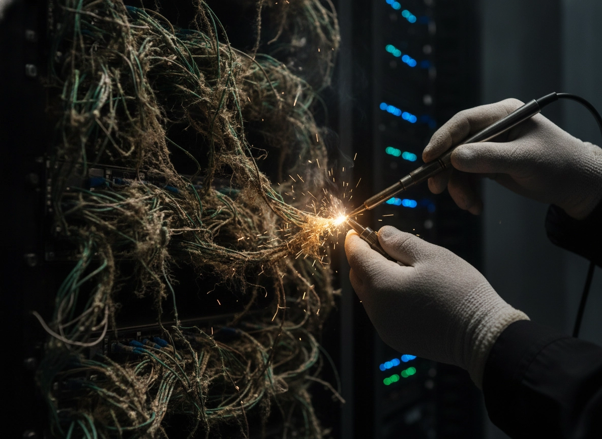 Hiring an SEO expert to repair technical site issues, shown as a technician fixing messy server cables.