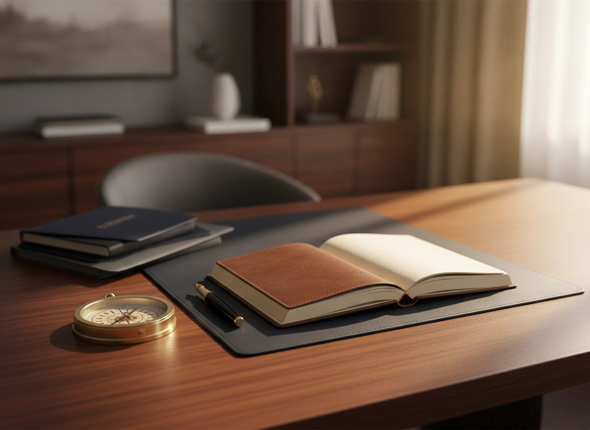 Compass and open notebook on a desk, representing business growth strategies and SEO optimization service.