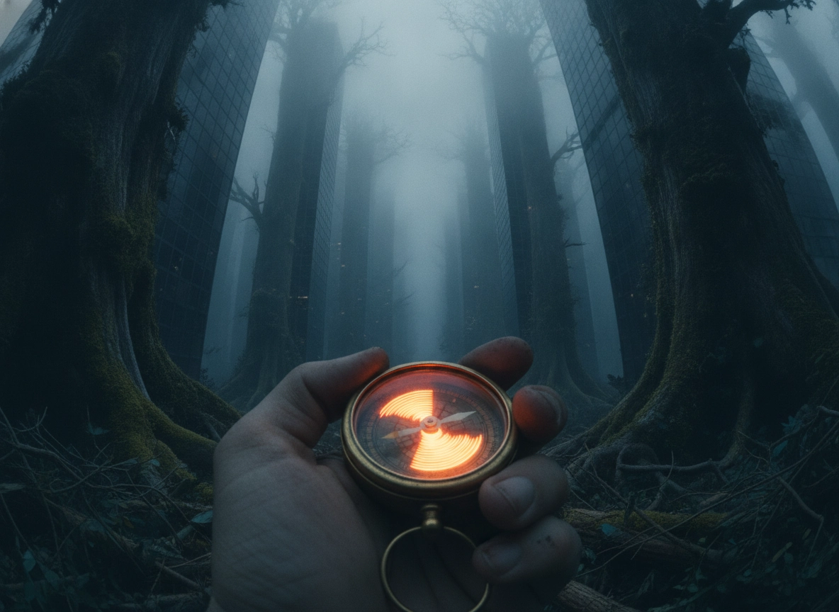 Glowing compass in a dark forest, navigating the complex seo optimization cost landscape.