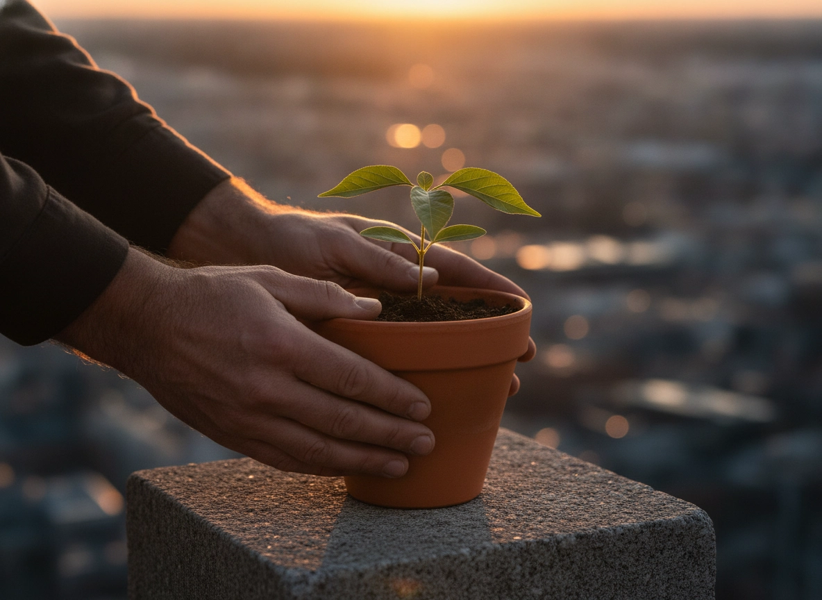 Hands holding a plant at sunset, representing the seo optimization cost for organic growth.