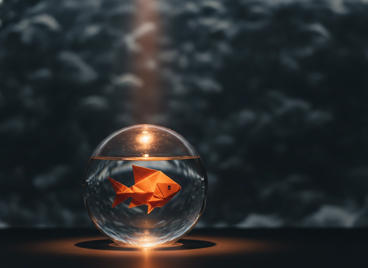 Orange origami fish in a glass bowl showing niche search tactics from an seo optimization service.