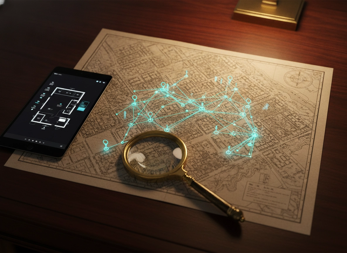 Magnifying glass on a map with digital pins for a regional search strategy and google maps visibility.
