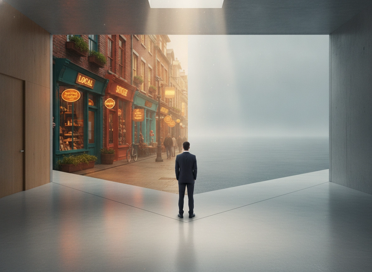 A man viewing a local street vs a foggy sea, highlighting local business ranking and seo optimization service.