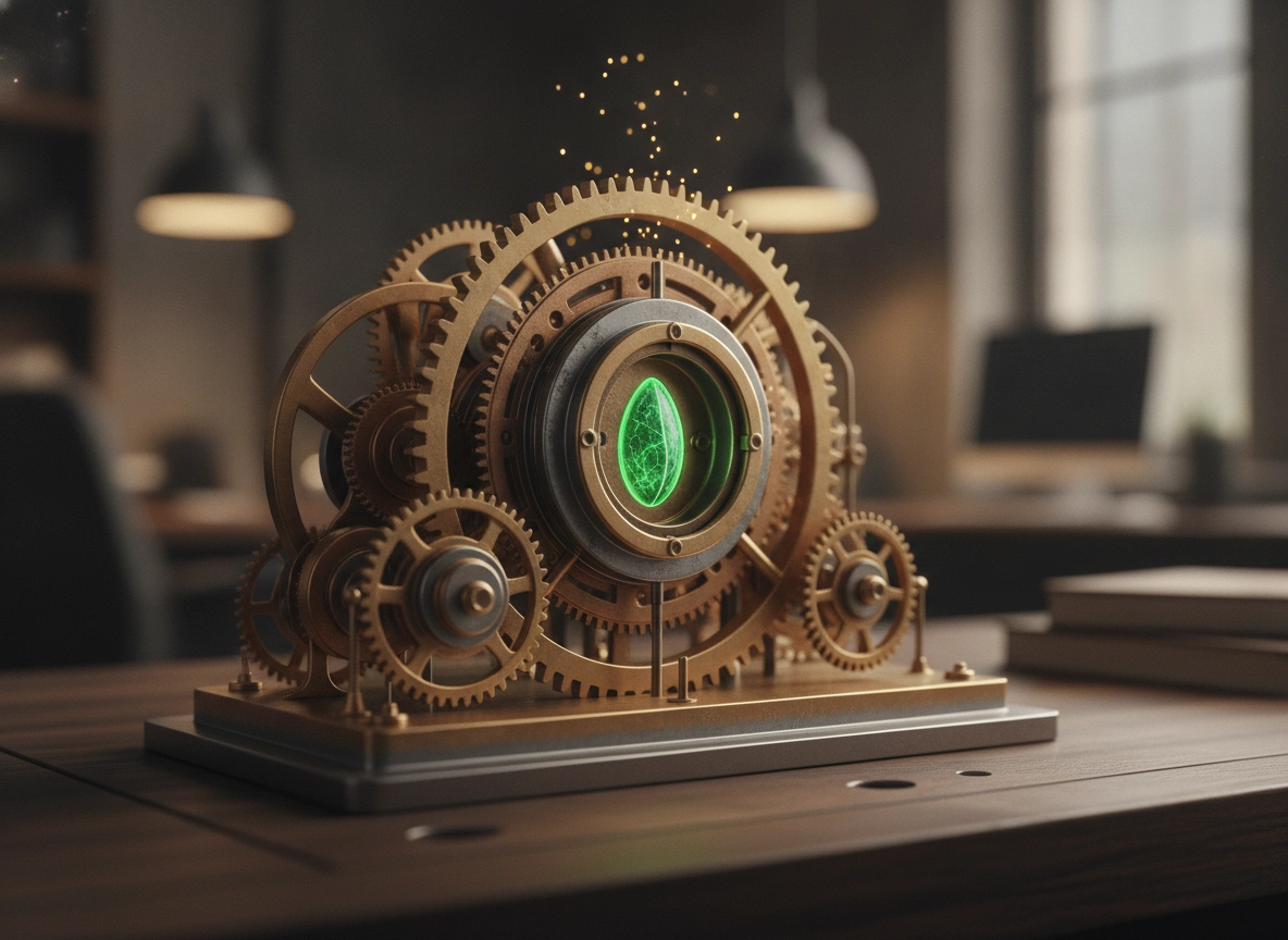 Intricate golden gears with a green leaf core, showing niche search tactics for digital marketing roi.