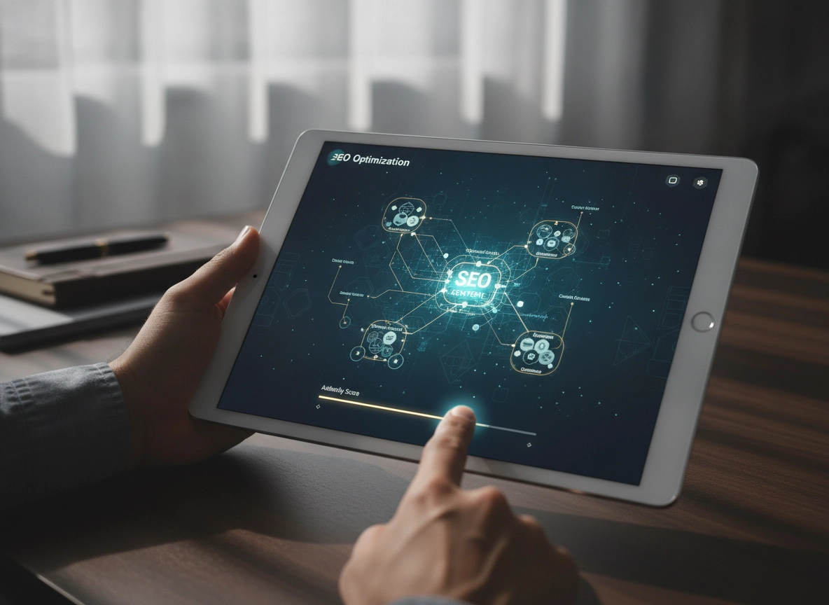 Person using an ai seo writer dashboard on a tablet for automated content creation.
