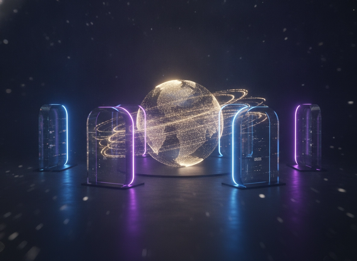 Digital globe with neon portals, showcasing an ai seo writer for global content reach.