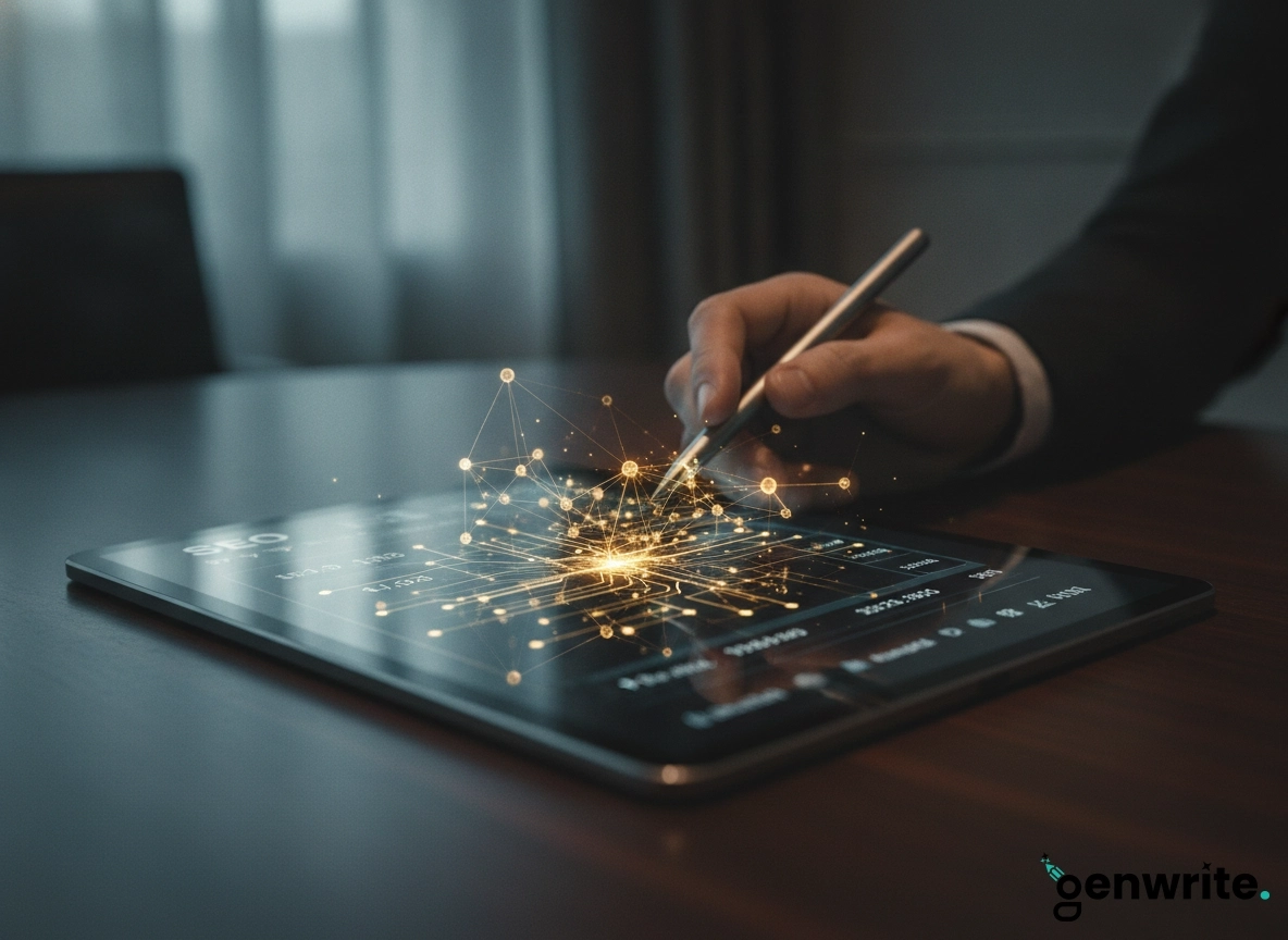 Hand with stylus on a tablet with SEO nodes, the best SEO content optimization tool.