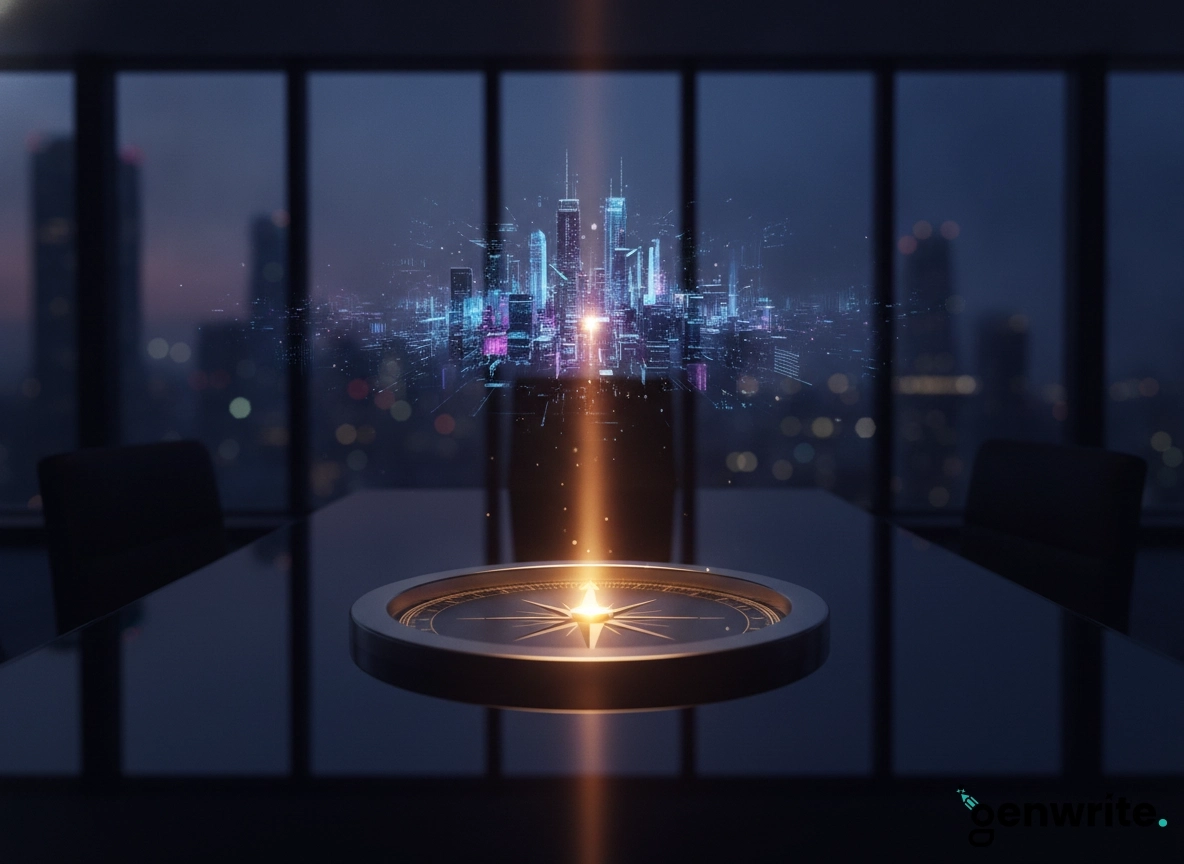 Digital city hologram above a compass, showcasing the best SEO content optimization tool for enterprises.