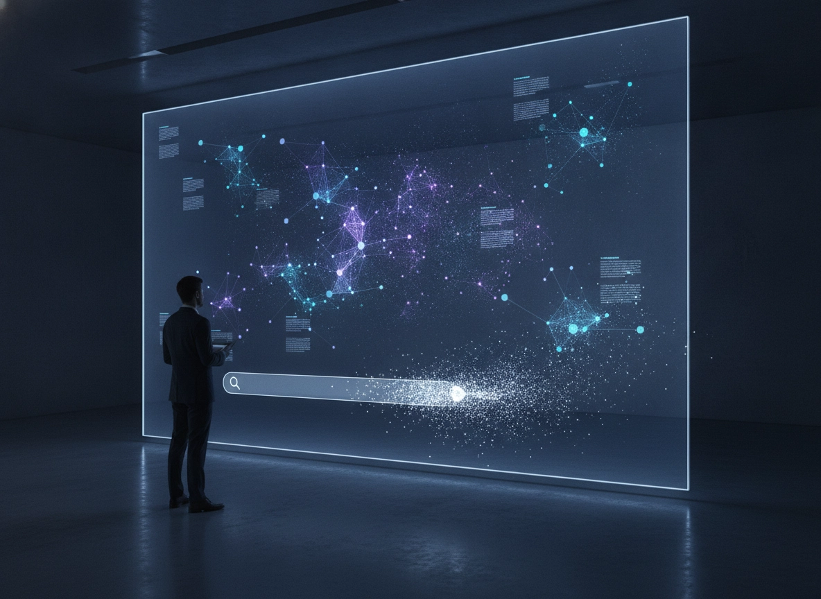 A professional analyzes data on a large screen using a seo optimized ai content generator.