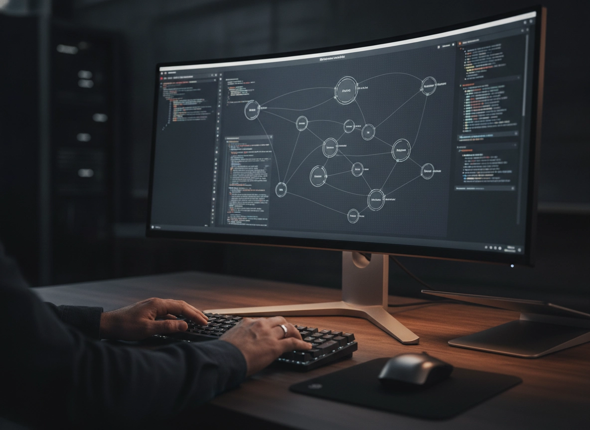 Developer using an ai seo writer on a curved monitor with ai blog writing tools 2026.