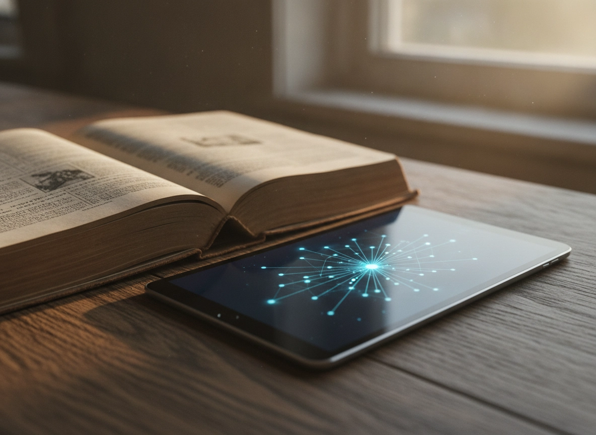 A tablet displaying a seo content generator next to a book for ai seo content generator research.