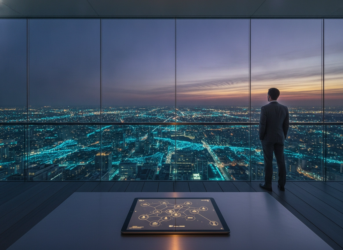 Man viewing a digital city network, using an seo optimized ai content generator in 2026.