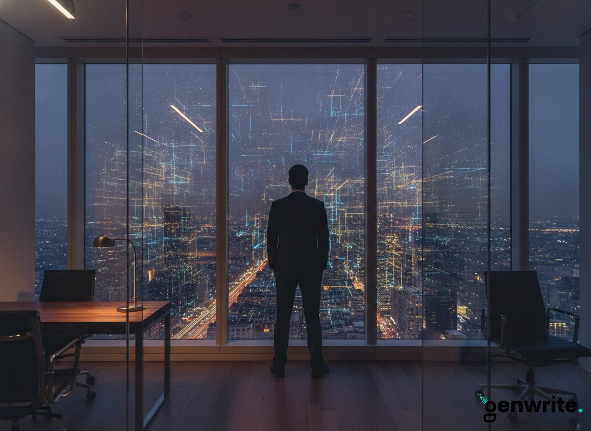 Executive planning AI content strategy for US business overlooking a digital city skyline at night.