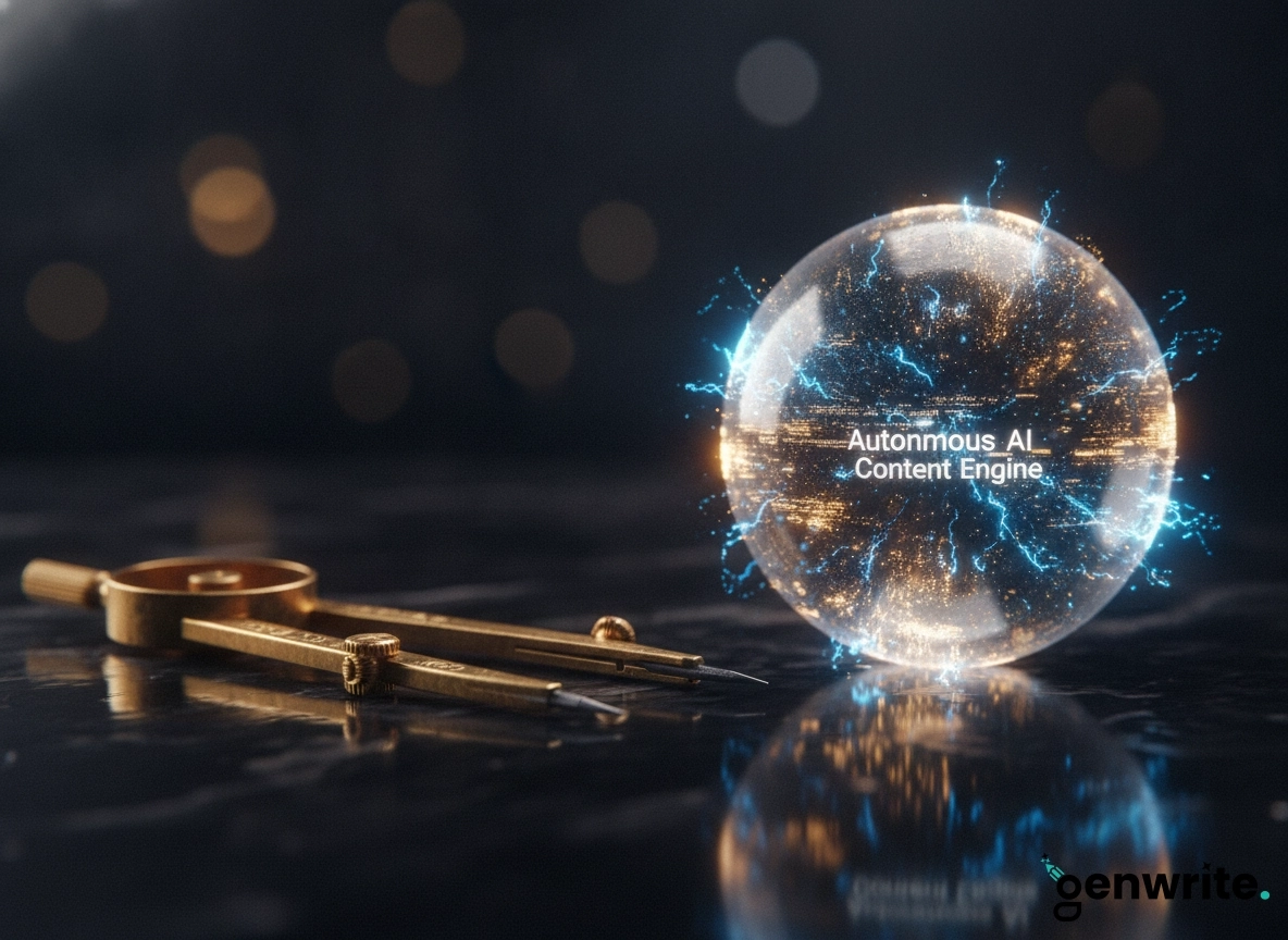 Glowing AI content engine sphere and compass, showcasing GenWrite features for enterprises and SEO tools 2026.