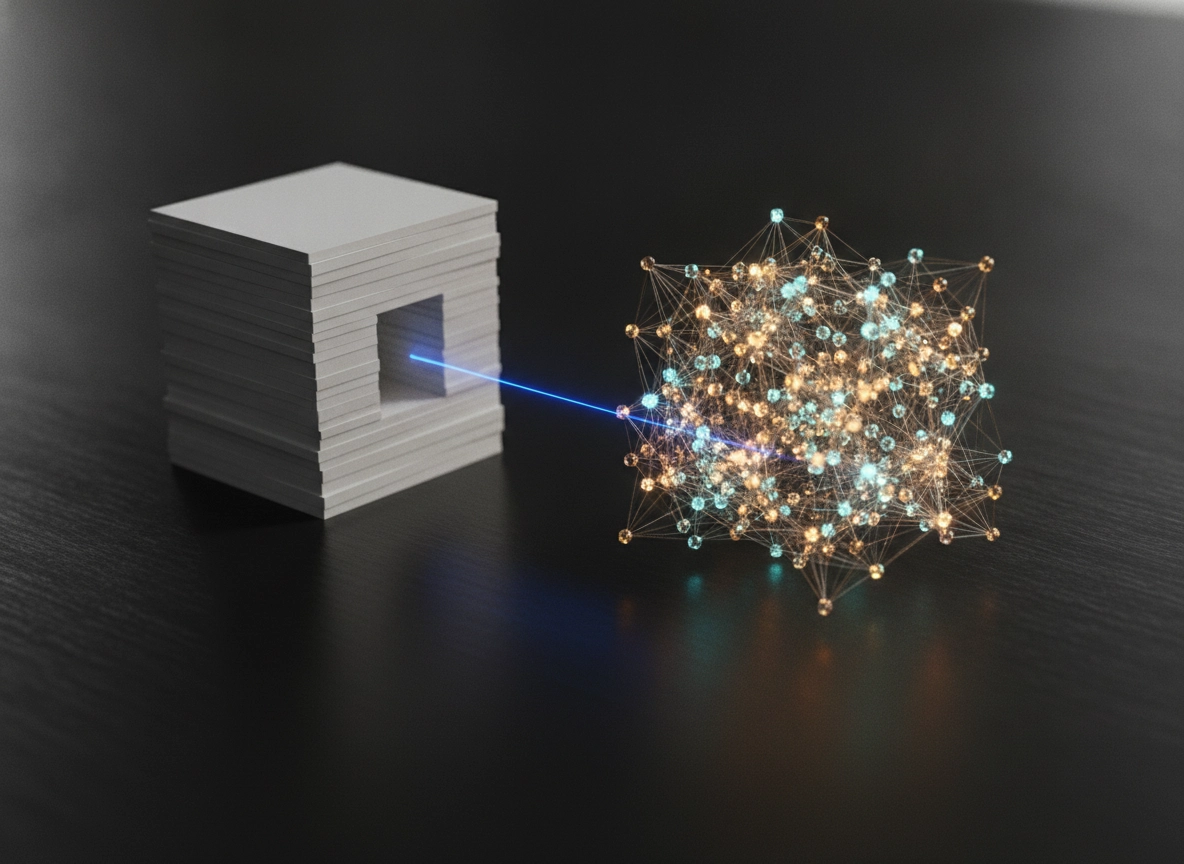 Blue laser connecting paper stack to neural network for AI semantic search optimization.