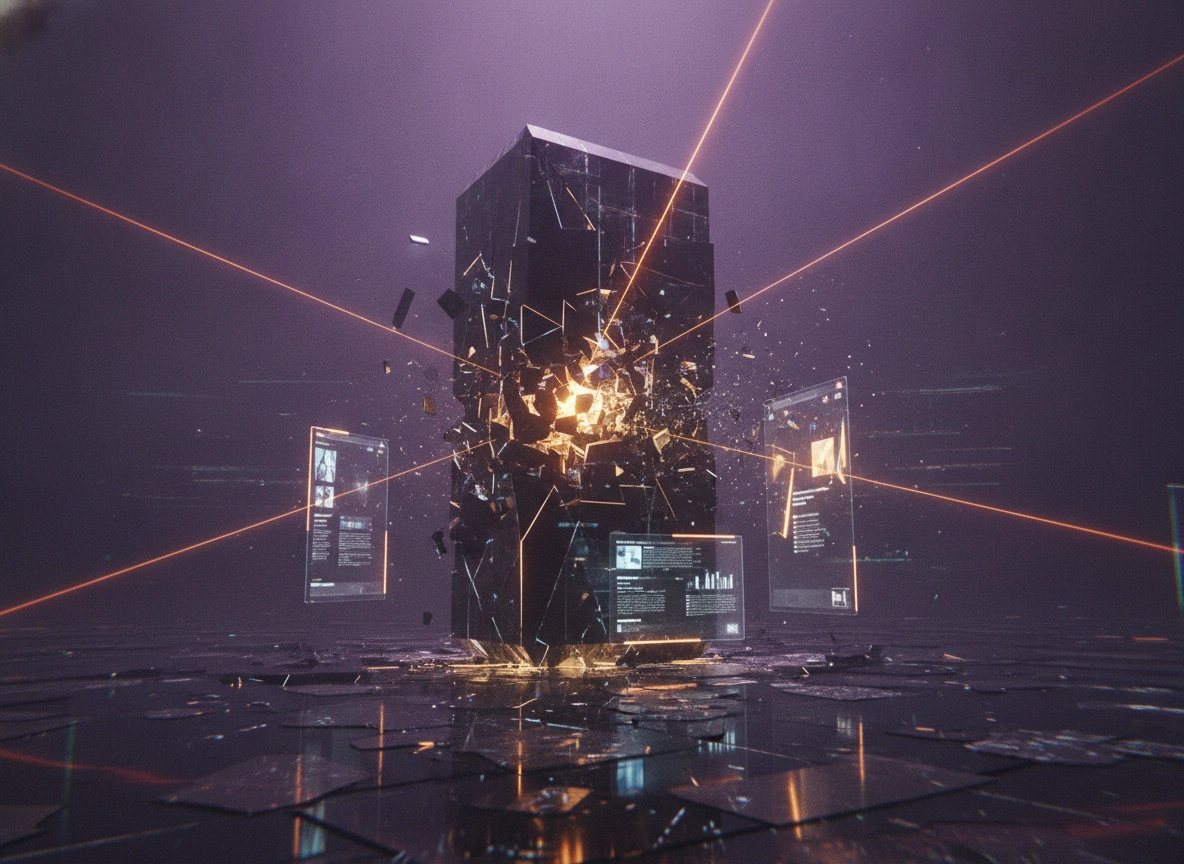 Shattering monolith with data screens showing automated SEO analysis and 2026 ranking factors.