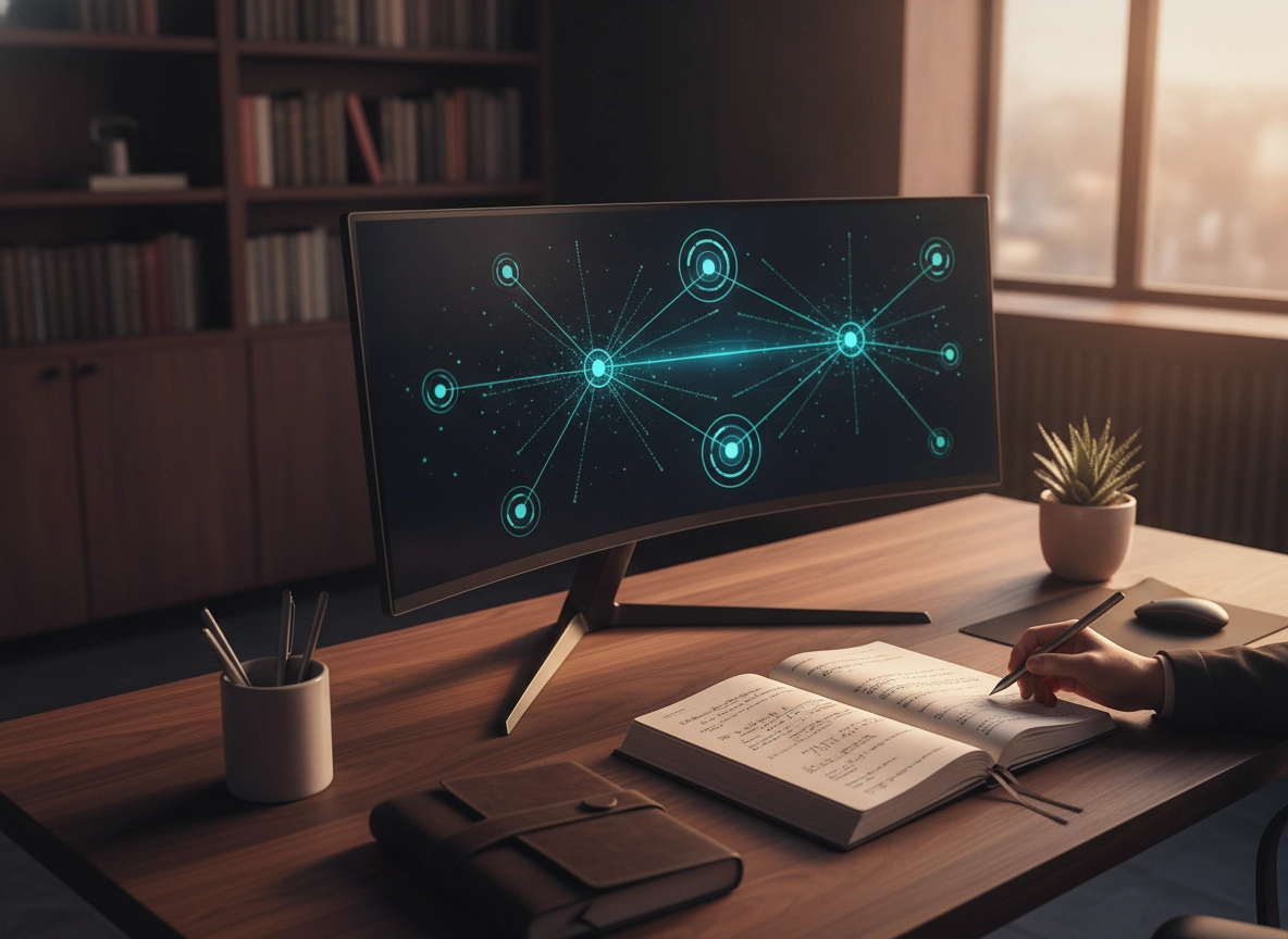 Curved monitor showing AI semantic search optimization nodes for automated SEO analysis in 2026.