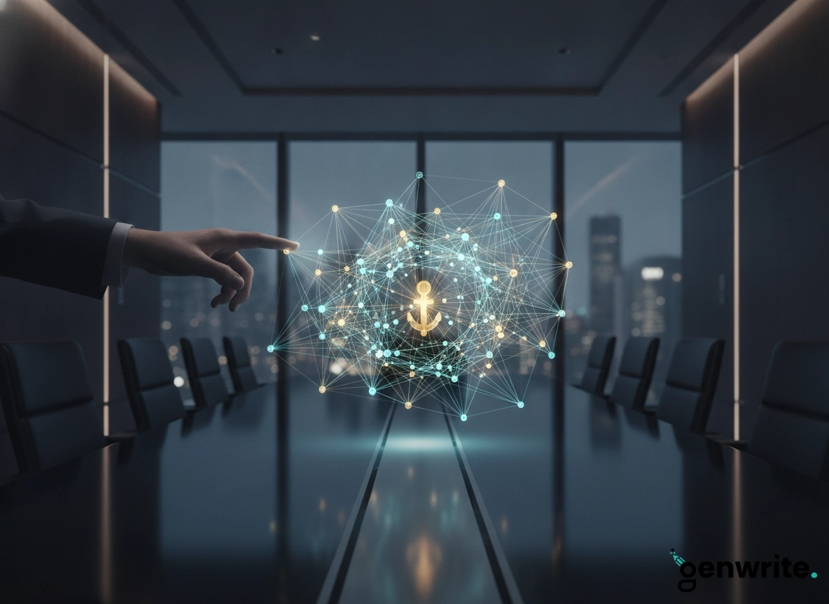 Digital network in a boardroom representing enterprise content workflow automation and AI tools.