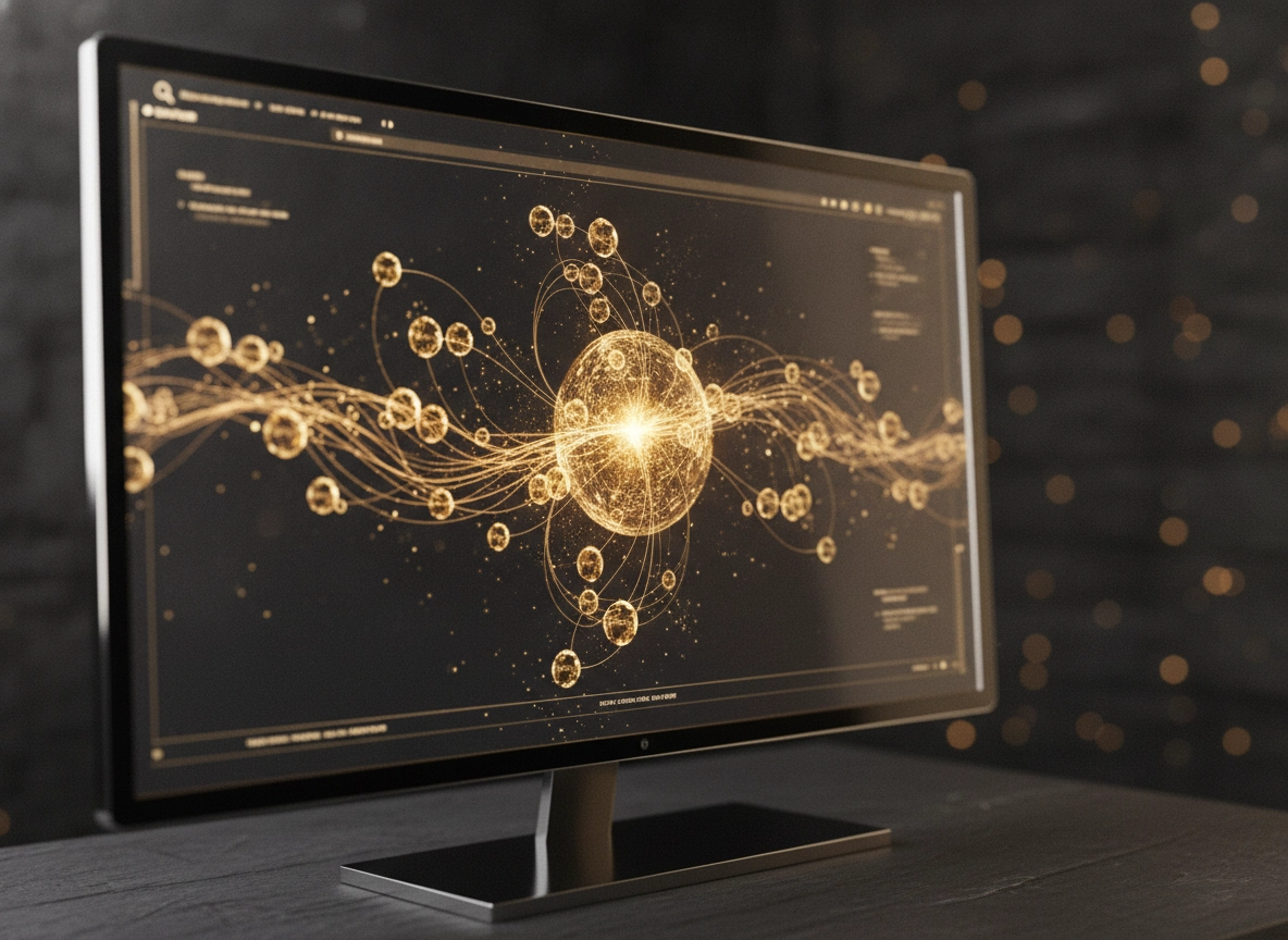 Monitor showing a golden neural network for future of search optimization and AI content.