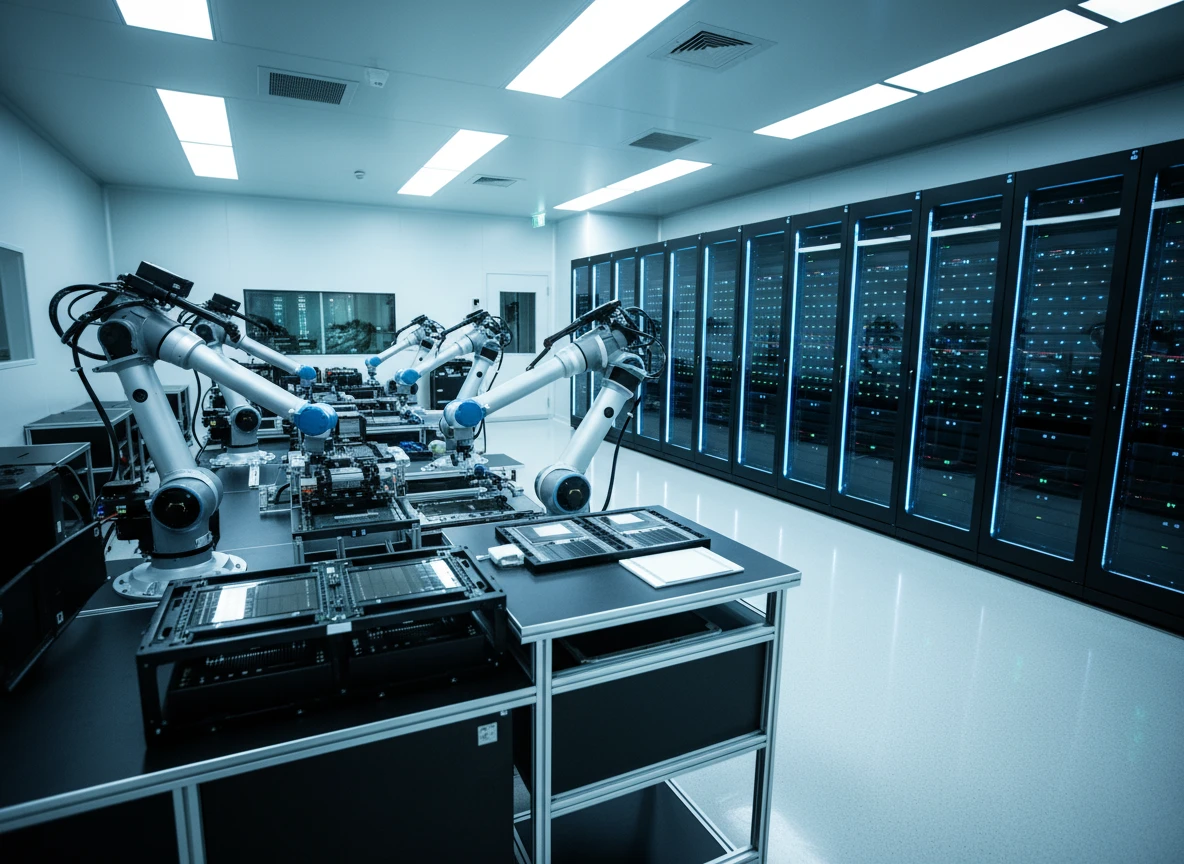 Automated robotic arms assembling hardware in a bright facility, representing the generative AI boom and capex bubble.