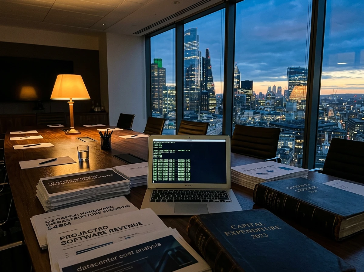 A boardroom table with financial documents and a laptop detailing AI infrastructure spend amid high tech capital expenditure.