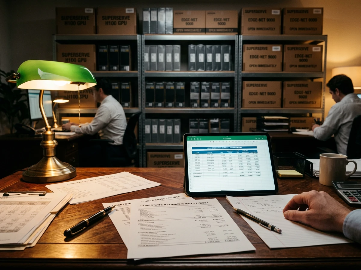 An office reviewing corporate solvency and tech capital expenditure records with AI hardware stacked in the background.