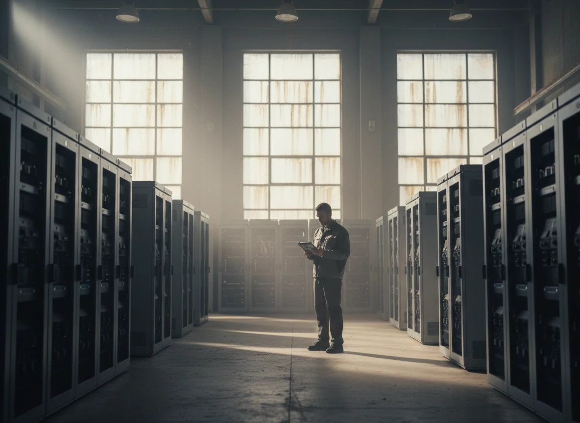 A technician checking servers in a massive data center driving heavy AI infrastructure spend.