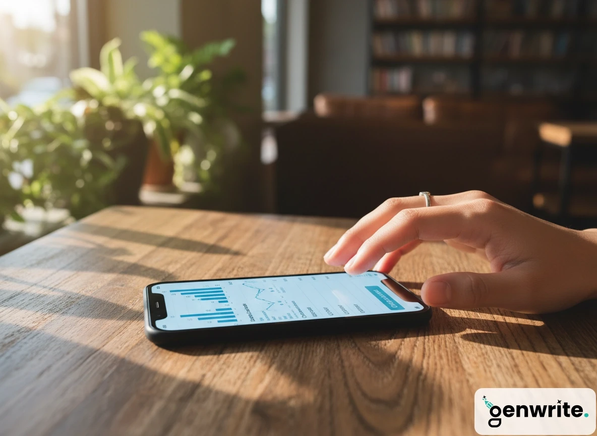 A person using a smartphone to review content sales conversion metrics driven by an ai seo writing tool.