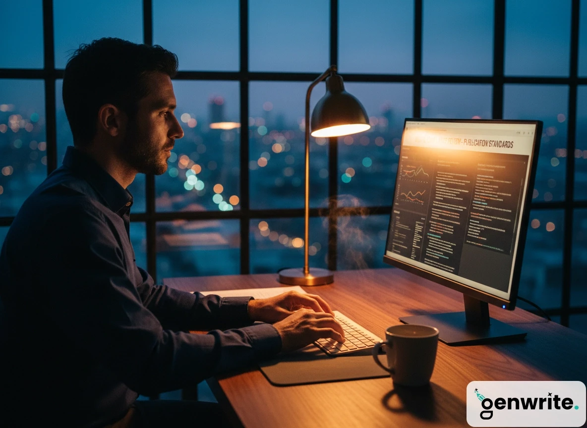 A professional working late at night, utilizing an ai seo blog writer to optimize digital content sales conversion.