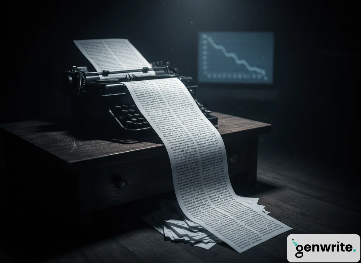 An old typewriter with printed pages representing automated seo challenges in blog writing software.