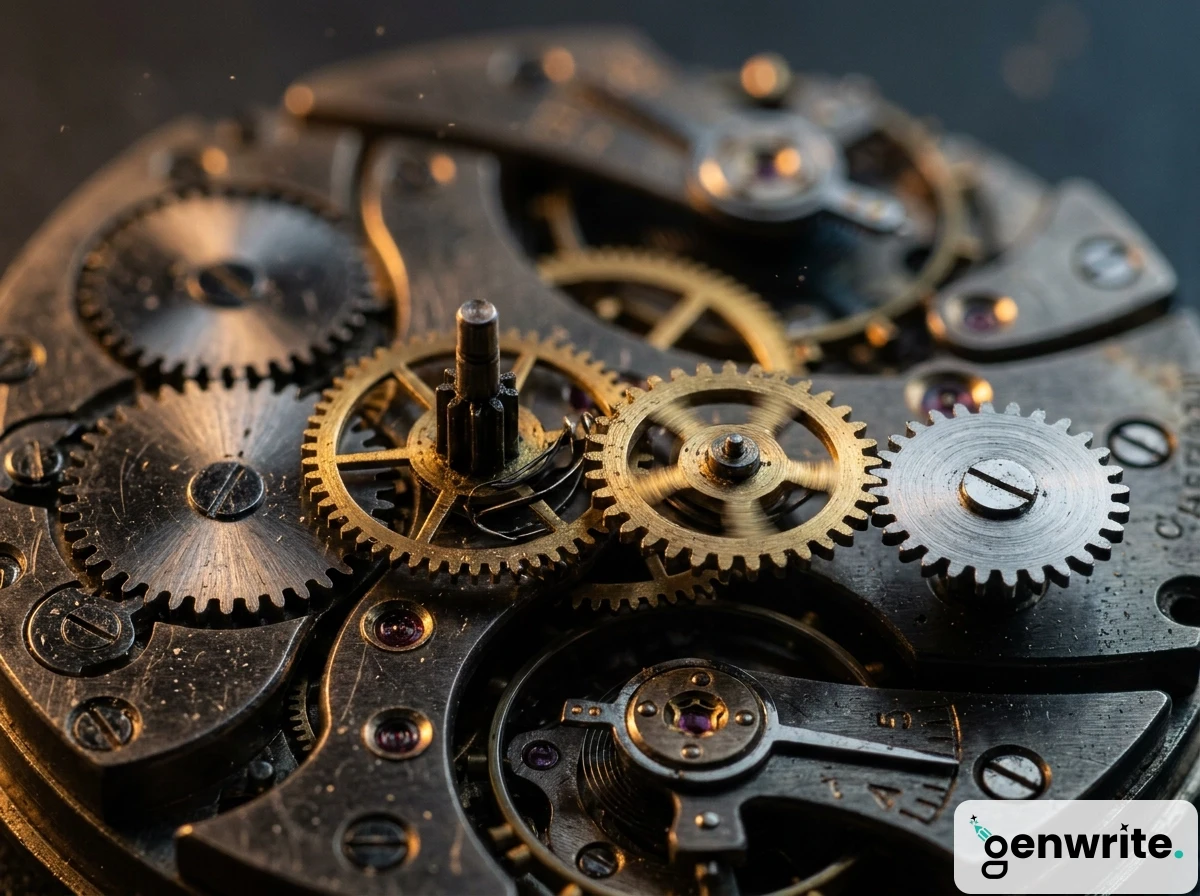 Close-up of intricate mechanical watch gears, illustrating the precision needed for automated seo and content workflows.