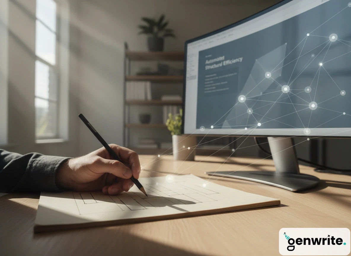 A person sketching outlines on paper next to a computer screen, visualizing intent mapping for an ai seo writing tool.
