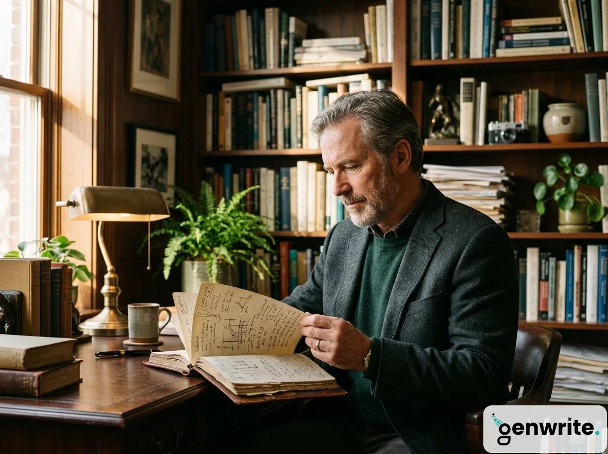 A mature man reading a notebook at a desk with an ai seo writing tool in mind.